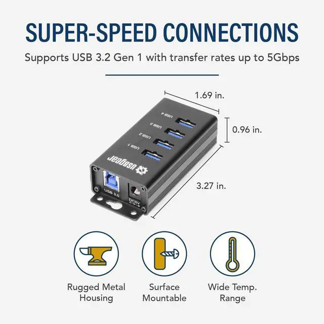Alt view image 2 of 5 - 4-Port USB 3.2 Gen 1 Mountable Charging and SuperSpeed Data Hub with 5V/2A Power Adapter and USB Type-A to Type-B Cable Up to 900mA per Port Charging Function Wall and Surface Mounting