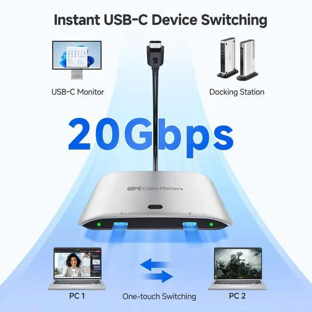 Alt view image 2 of 5 - Cable Matters 20Gbps USB C Switch for 2 Computers, Supports Up to 8K@30Hz on Windows, 4K@60Hz on macOS, 140W PD, for Sharing a USB-C/Thunderbolt 4 Monitor or Dock, Works with Thunderbolt 4/5 Laptops