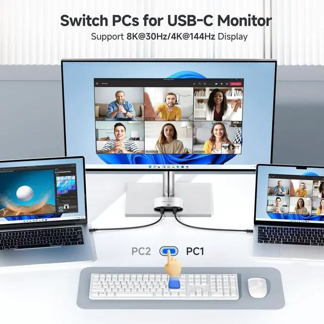 Alt view image 3 of 5 - Cable Matters 20Gbps USB C Switch for 2 Computers, Supports Up to 8K@30Hz on Windows, 4K@60Hz on macOS, 140W PD, for Sharing a USB-C/Thunderbolt 4 Monitor or Dock, Works with Thunderbolt 4/5 Laptops