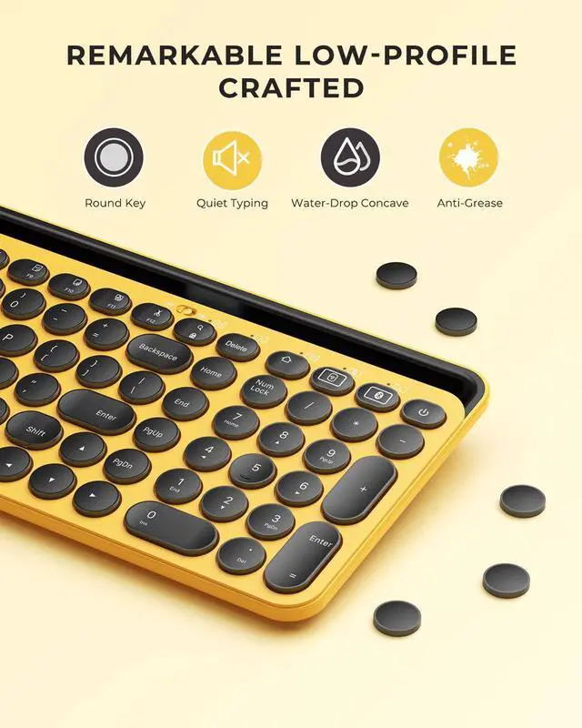 Alt view image 4 of 4 - seenda Cute Wireless Bluetooth Keyboard, Dual Mode (Bluetooth + 2.4G) Round Key Typewriter Keyboard with Number Pad Integrated Stand (Yellow)