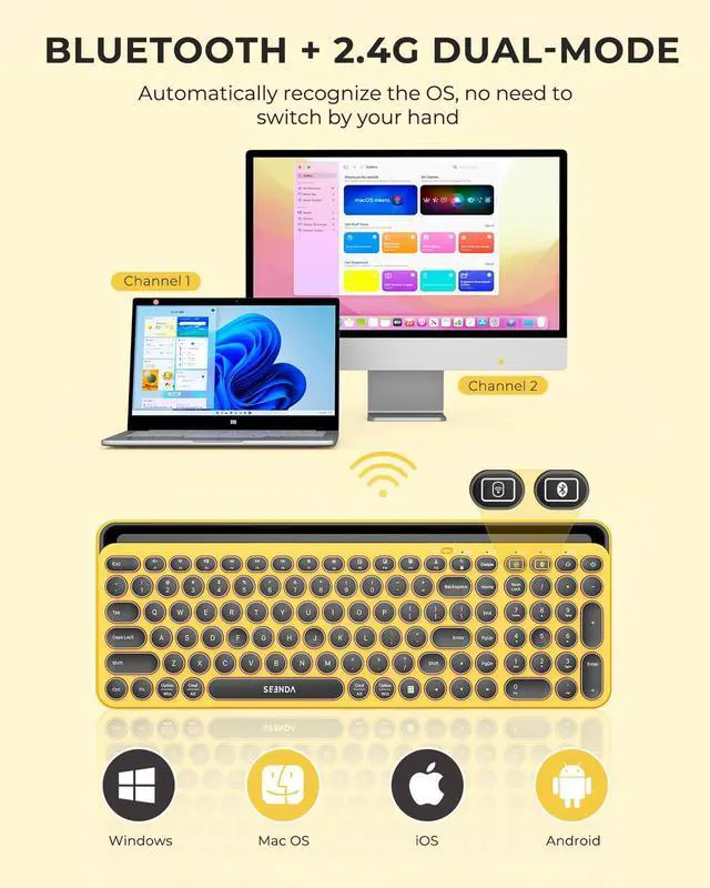 Alt view image 2 of 4 - seenda Cute Wireless Bluetooth Keyboard, Dual Mode (Bluetooth + 2.4G) Round Key Typewriter Keyboard with Number Pad Integrated Stand (Yellow)