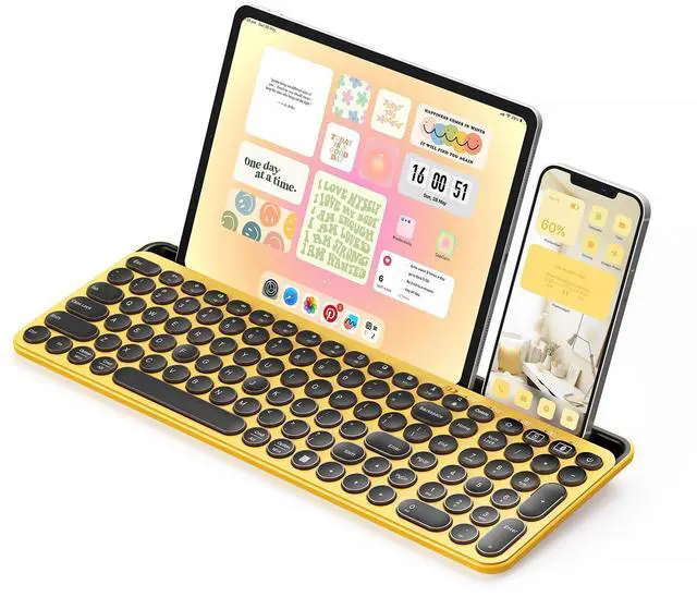 Main image of seenda Cute Wireless Bluetooth Keyboard, Dual Mode (Bluetooth + 2.4G) Round Key Typewriter Keyboard with Number Pad Integrated Stand (Yellow)