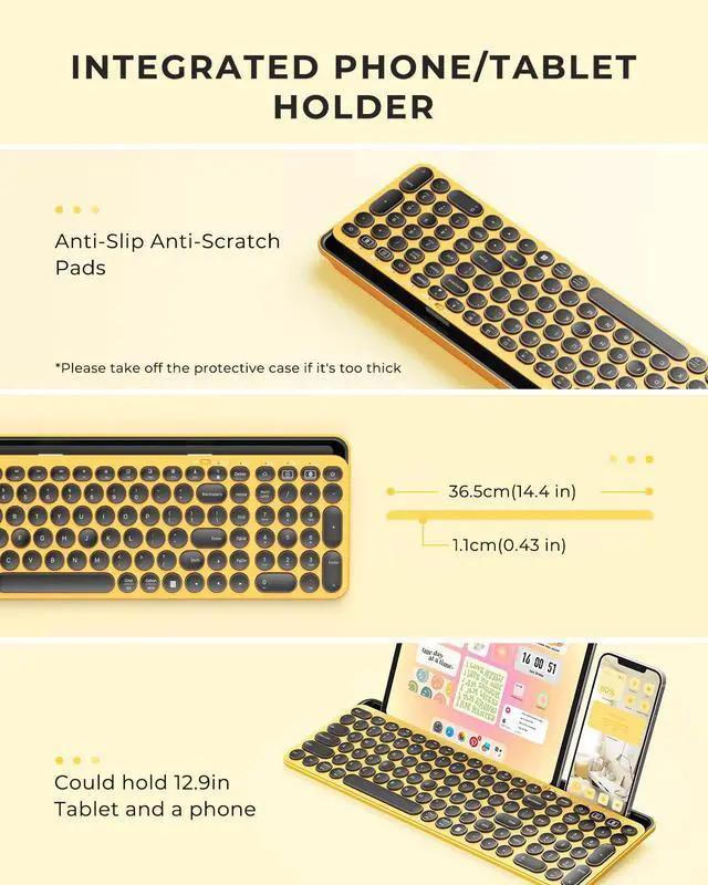 Alt view image 3 of 4 - seenda Cute Wireless Bluetooth Keyboard, Dual Mode (Bluetooth + 2.4G) Round Key Typewriter Keyboard with Number Pad Integrated Stand (Yellow)