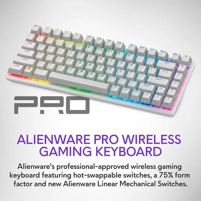 Alt view image 2 of 5 - Alienware Pro Wireless Gaming Keyboard - Bluetooth 5.1/2.4 GHz Radio Frequency Connectivity, Linear Mechanical, Hot-swappable switches, Tri Mode connectivity, Adjustable Height - Lunar Light