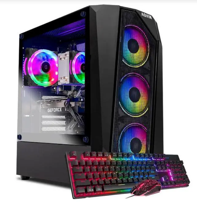 Main image of AQVIN AQB30 Gaming Tower Desktop PC - Intel i7 Core Processor Upto 4.00GHz, 32GB RAM 1TB SSD, Radeon RX 580 8GB GPU, RGB Fans, WiFi, Windows 10 Pro - Black