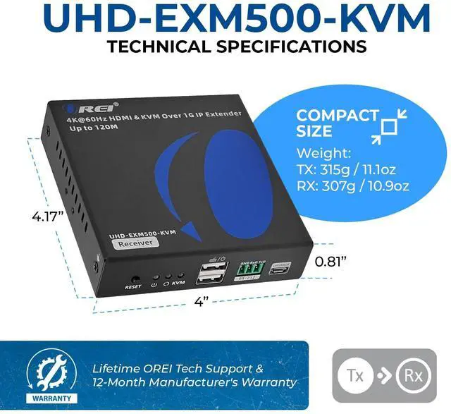 Alt view image 4 of 4 - OREI 4K KVM HDMI Extender Over IP CAT6 4K@60Hz One to Many Upto 330 Feet, 2 USB 1.1 Loop Out - Send to Multiple Location Over 1G Switch (UHD-EXM500-KVM)