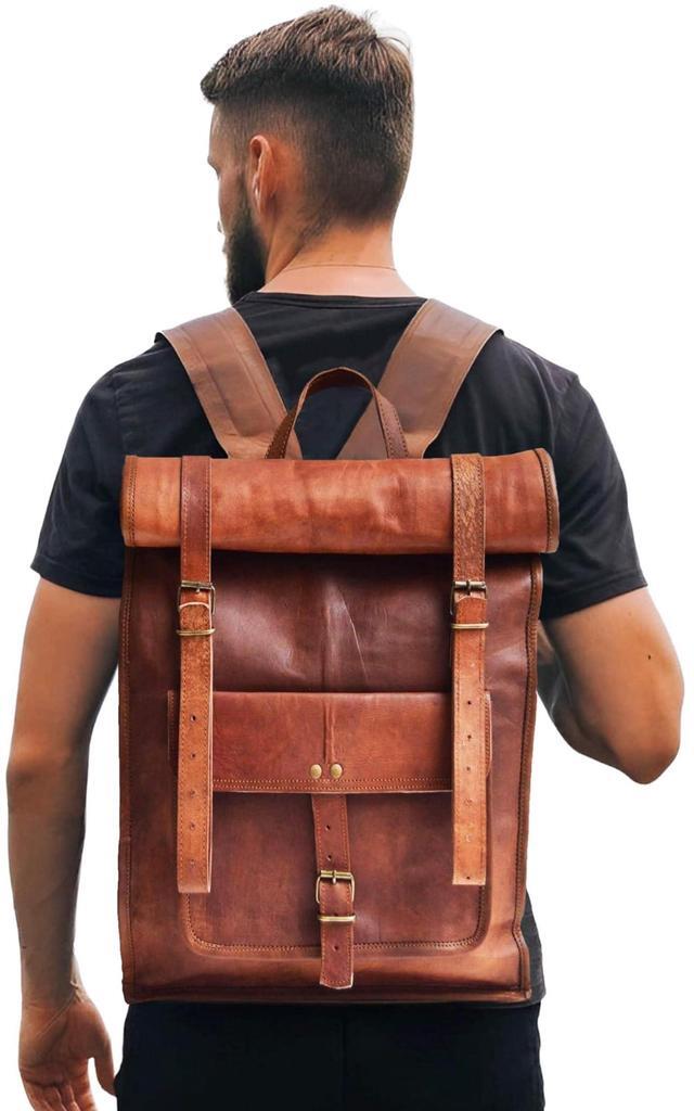 Alt view image 4 of 5 - jaald 23" Brown Leather Backpack Vintage Rucksack Laptop Bag Large Travel Roll Top College Bookbag Comfortable Lightweight Travel Hiking/picnic For Men