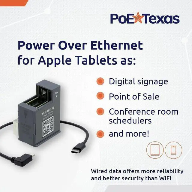 Alt view image 2 of 5 - PoE Texas 802.3at PoE+ Power and Data Adapter with Dual USB-C Ports and Included USB-C to Lightning Cable for iPad 10.2 and Previous Models for POS, Digital Signage & More