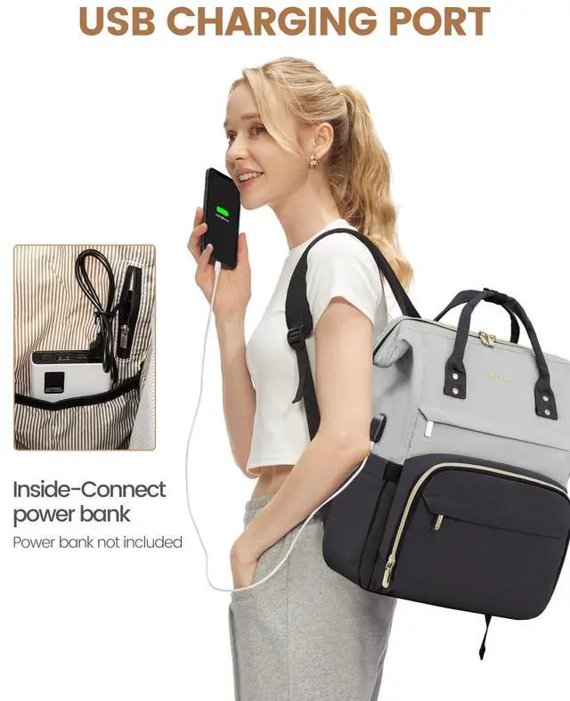 Alt view image 4 of 5 - LOVEVOOK Laptop Backpack for Women, Fashion Work Computer Backpacks Purse, Travel Bags Doctor Nurse Backpack with USB Port, Carry on Backpack fits 15.6-Inch Laptop, Light Grey-Dark Grey