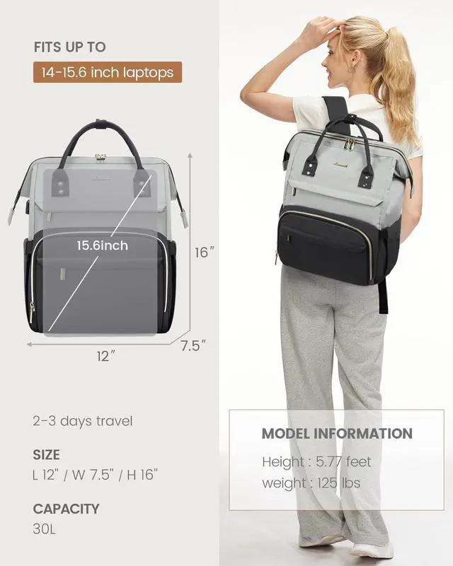 Alt view image 5 of 5 - LOVEVOOK Laptop Backpack for Women, Fashion Work Computer Backpacks Purse, Travel Bags Doctor Nurse Backpack with USB Port, Carry on Backpack fits 15.6-Inch Laptop, Light Grey-Dark Grey