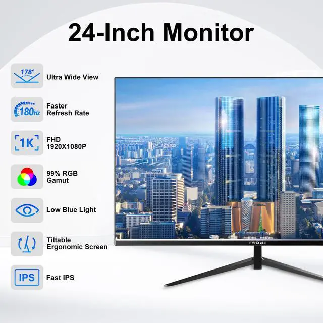 Alt view image 2 of 5 - FYHXele 24 Inch Computer Monitor, FHD 1920 x 1080P Office PC Monitor IPS Display180Hz, HDMI, DP, Frameless, VESA Mountable, Eye Protection, Ergonomic Tilt Adjustment, Built-in Speakers, Black