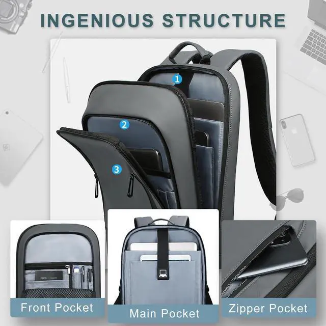 Alt view image 3 of 5 - hk Backpack for Men Business Slim Backpack with USB Charger Computer Lightweight Anti-theft Travel (Dark Grey, 17.3 Inch)