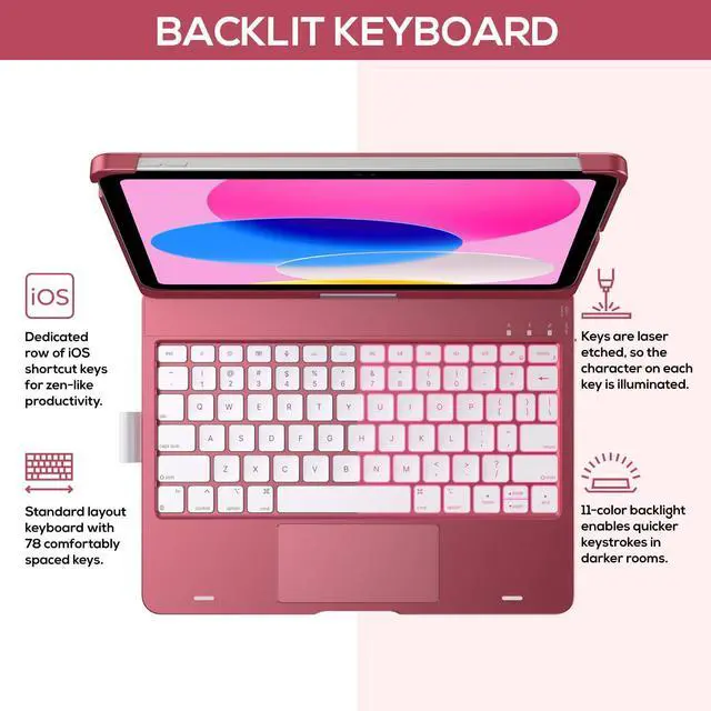 Alt view image 3 of 5 - typecase Touch iPad 10th Generation Case with Keyboard (10.9", 2022) and iPad A16 (11th Gen, 2025)  360° Rotatable, 11-Color Backlit, Multi-Touch Trackpad, Thin & Light (Pink)