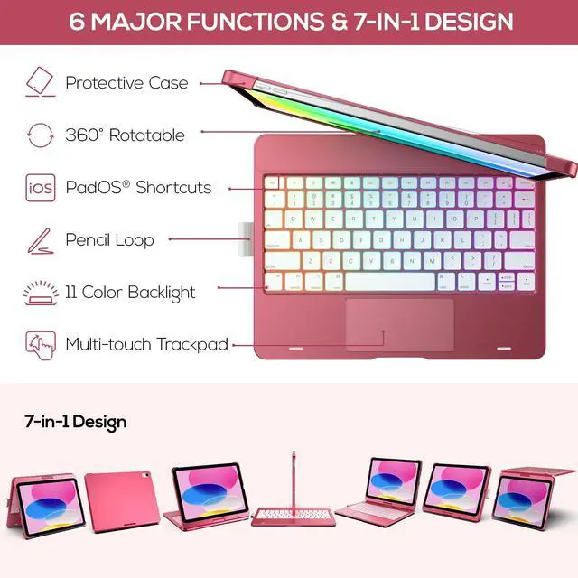 Alt view image 4 of 5 - typecase Touch iPad 10th Generation Case with Keyboard (10.9", 2022) and iPad A16 (11th Gen, 2025)  360° Rotatable, 11-Color Backlit, Multi-Touch Trackpad, Thin & Light (Pink)