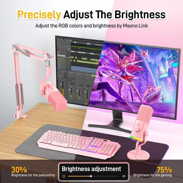 Alt view image 5 of 5 - MAONO XLR/USB Gaming Microphone Kit: Dynamic PC Mic for Streaming Podcasting, Software Support, Mute Button, Gain Control, RGB Computer Mic with Boom Arm Stand, for Recording, PS4/PS5, PD100XS Pink