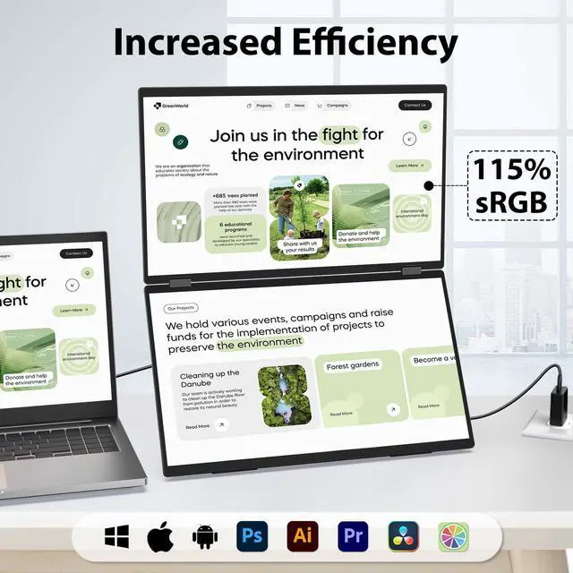 Alt view image 4 of 5 - InnoView 18.5" FHD 100Hz 100% sRGB Dual Monitor with 15.6 Inch FHD 1080P Standard HDMI USB C Second External Monitor for Laptop