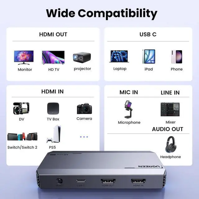 Alt view image 4 of 5 - UGREEN 4K@60Hz Capture Card, Ultra HD HDMI Video Capture Card 1080P@240Hz USB 3.0 Ultra-Low Latency with VRR and HDR for Streaming, Gaming, Recording Compatible with iPad, Switch 2, PS5, Xbox, PC, Mac