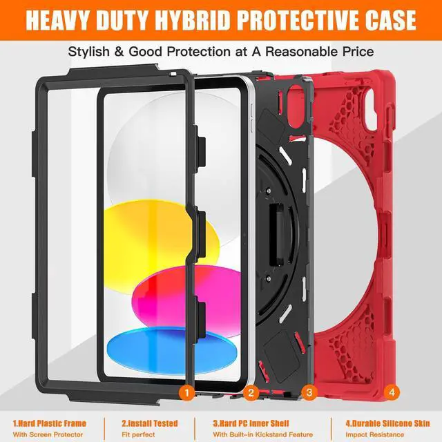 Alt view image 3 of 5 - TSQQST Case for iPad 11th A16/10th Generation 2025 2022 with Screen Protector | Shockproof Rugged Silicone Sturdy Kids Case with Stand+Hand Strap for iPad 10th Gen-Red+Black