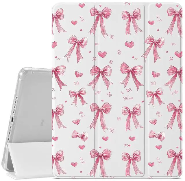 Main image of JOYLAND Girly Ribbon Bow Pattern Case for iPad Pro 12.9" 6th Generation 2022/5th Generation 2021, Pencil Holder & Clear Transparent Back & Trifold Smart Pad White Cover Scratchproof Case