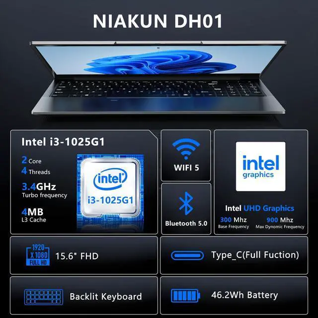 Alt view image 2 of 5 - 15.6'' Laptop Computer, 10th Gen i3 2C/4T Processor (Beat N95, N100, Up to 3.4Ghz) Laptops with 16GB RAM 1TB SSD,15.6 inch FHD 1920 * 1080 Display, WIFI5, BT5.0, Windows 11 Pro,Backlit Keyboard