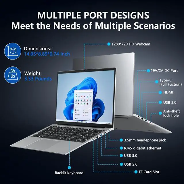Alt view image 4 of 5 - 15.6'' Laptop Computer, 10th Gen i3 2C/4T Processor (Beat N95, N100, Up to 3.4Ghz) Laptops with 16GB RAM 1TB SSD,15.6 inch FHD 1920 * 1080 Display, WIFI5, BT5.0, Windows 11 Pro,Backlit Keyboard