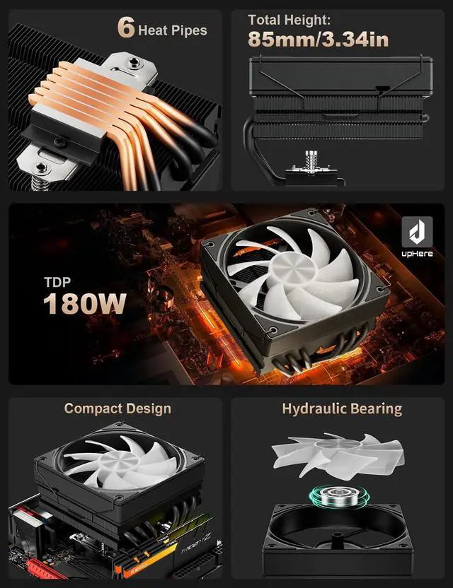 Alt view image 2 of 5 - upHere 180W TDP Top Flow CPU Cooler with 6mm*6 High Performance Copper Heat Pipes,120mm ARGB Fan CPU Cooler 1650rmp,CPU Air Cooler Compatible with Intel LGA 1851/1700/2011/2066 AMD AM5/AM4/AM3,H85KC6