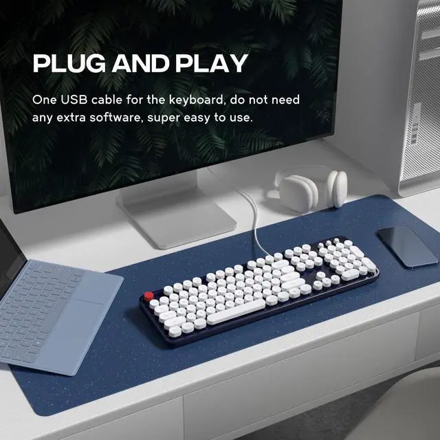 Alt view image 2 of 5 - MOFII Computer Keyboard Wired, USB Plug Play Round Key Retro Typewriter Keyboard, Office Full Size Keyboard with Foldable Stands for Laptop PC Windows- Dark Blue