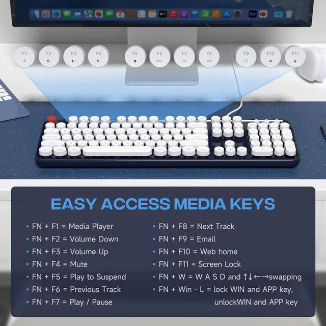 Alt view image 4 of 5 - MOFII Computer Keyboard Wired, USB Plug Play Round Key Retro Typewriter Keyboard, Office Full Size Keyboard with Foldable Stands for Laptop PC Windows- Dark Blue