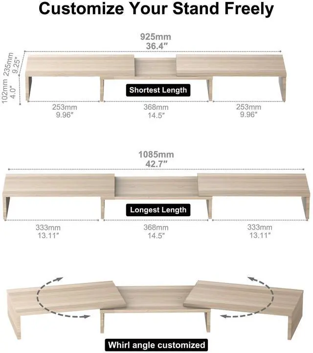 Alt view image 3 of 5 - FITUEYES Dual Monitor Stand  3 Shelf Computer Monitor Riser, Wood Desktop Stand with Adjustable Length and Angle, Desk Accessories, Office Supplies Medium Oak, DT108006WO