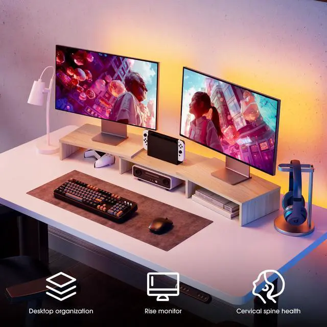 Alt view image 2 of 5 - FITUEYES Dual Monitor Stand  3 Shelf Computer Monitor Riser, Wood Desktop Stand with Adjustable Length and Angle, Desk Accessories, Office Supplies Medium Oak, DT108006WO