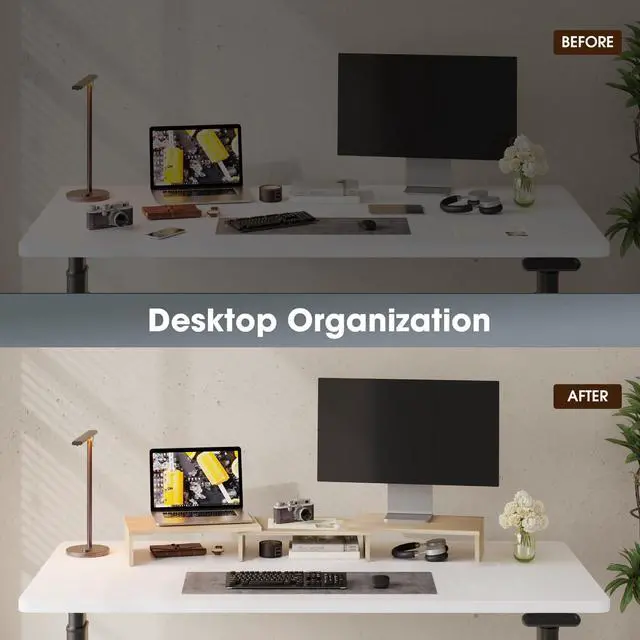 Alt view image 4 of 5 - FITUEYES Dual Monitor Stand  3 Shelf Computer Monitor Riser, Wood Desktop Stand with Adjustable Length and Angle, Desk Accessories, Office Supplies Medium Oak, DT108006WO