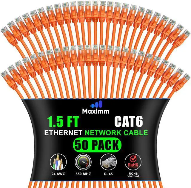 Main image of Maximm Cat 6 Ethernet Cable - 1.5 ft (50-Pack) - High-Speed LAN, Internet, Patch, and Network Cable - UTP, 10Gbps, 550MHz Ethernet Cord - Orange