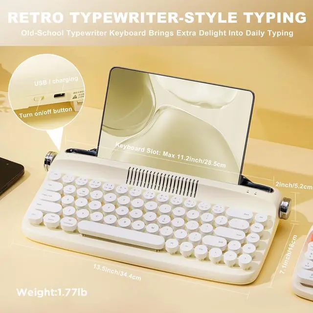 Alt view image 2 of 5 - YUNZII Upgraded Wireless Typewriter Keyboard, Retro Aesthetic with Integrated Stand,Cute Round Keycaps, USB-C/Bluetooth Connection for Table, Phone, PC and Win/Mac/Android (B307, Ivory Butter)
