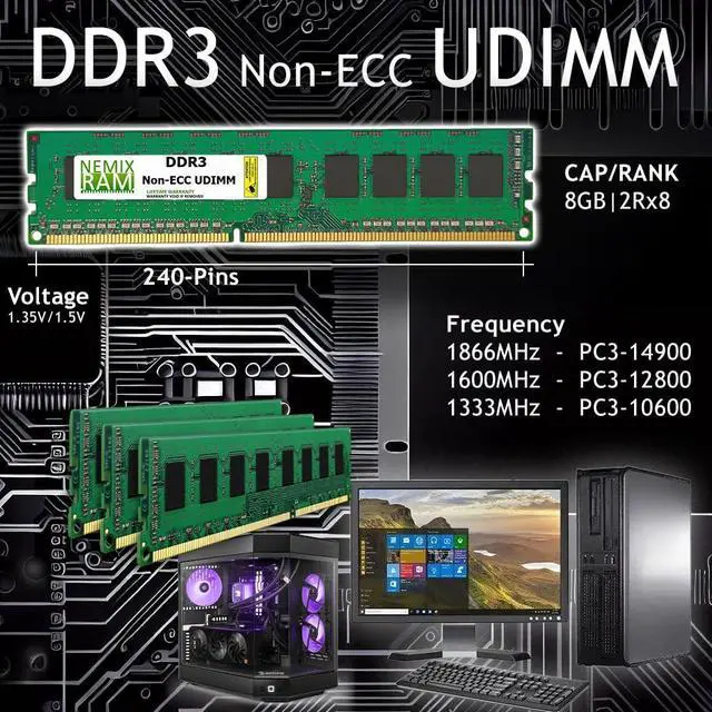 Alt view image 2 of 5 - NEMIX RAM 32GB (4X8GB) DDR3 1600MHZ PC3-12800 2Rx8 1.35V 240-PIN Non-ECC UDIMM Unbuffered Desktop Memory KIT