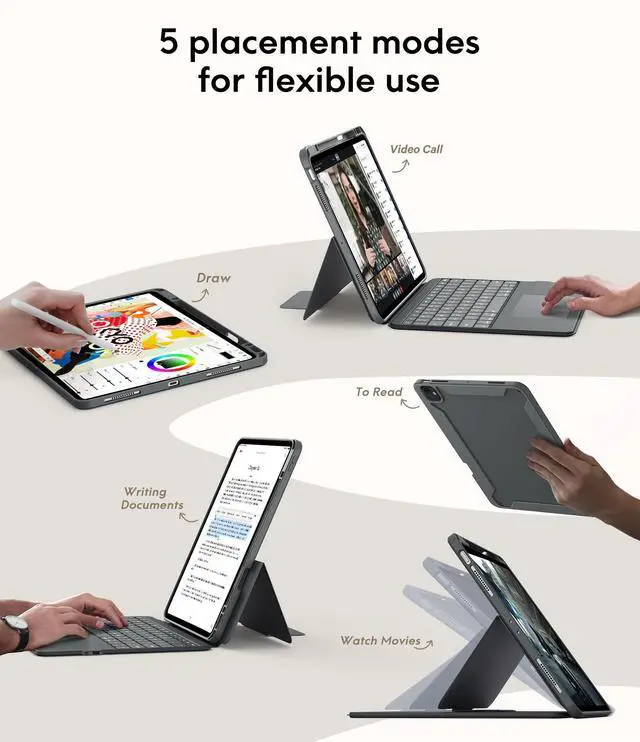 Alt view image 4 of 5 - CHESONA Rugged for iPad Pro 13 (M4) 2024 Case with Keyboard, Magnetic Detachable Case & 7-Color Backlit, Smart Trackpad, 15°-180° Adjustable Stand, Portrait/Landscape, Grey