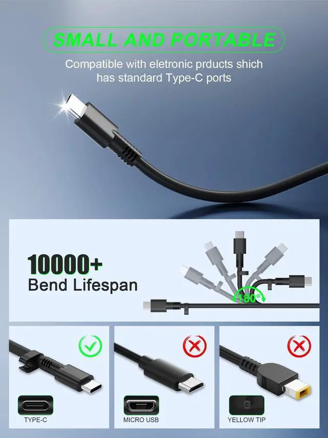 Alt view image 3 of 5 - UCANUUP 100W USB C Compatible with MacBook HP Dell Lenovo Asus Acer Toshiba Google LG MSI Huawei Power Adapter and All USB C Device Universal Fast Charger