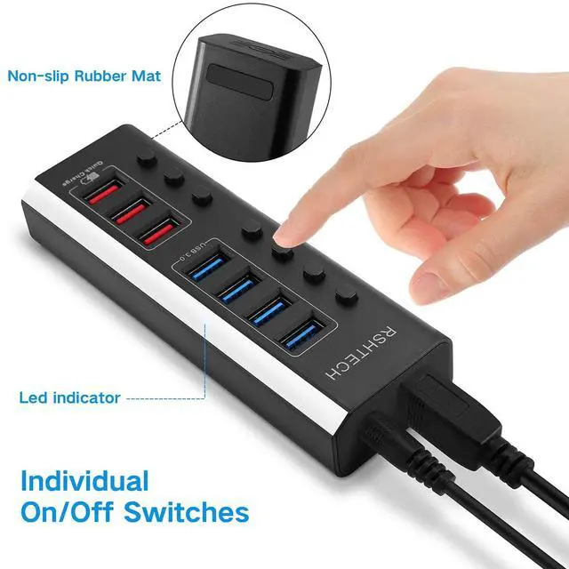 Alt view image 5 of 5 - Powered USB Hub RSHTECH 7 Ports USB 3.0 Hub with 4 High Speed Data Transfer Ports + 3 Fast Charging Ports,36W 12V/3A Power Adapter and Individual On/Off Switches(A37-Black)