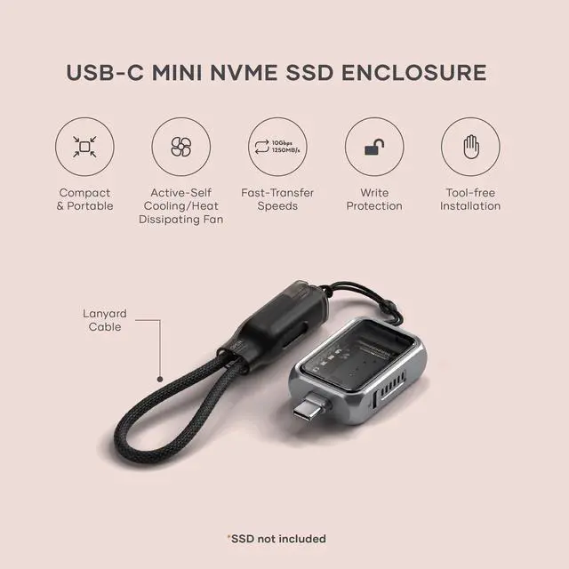 Alt view image 2 of 5 - Satechi M.2 NVMe Mini SSD Enclosure with 10Gbps Transfer Speed, Up to 2TB SSD Storage, Active Auto Cooling, Compact and Portable USB C Case, Supports NVMe 2230 SSDs, (SSD Not Included)