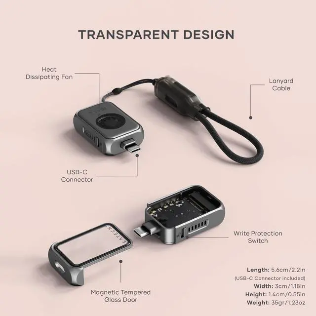 Alt view image 5 of 5 - Satechi M.2 NVMe Mini SSD Enclosure with 10Gbps Transfer Speed, Up to 2TB SSD Storage, Active Auto Cooling, Compact and Portable USB C Case, Supports NVMe 2230 SSDs, (SSD Not Included)