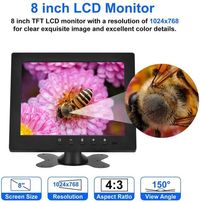 Alt view image 3 of 5 - Qcvoruno 8 inch Monitor Display, 1024 * 768 Resolution,Built-in Dual Speakers, Portable LCD Monitor with HD/VGA/BNC/AV/USB for CCTV DVD DSLR VCD TV Box