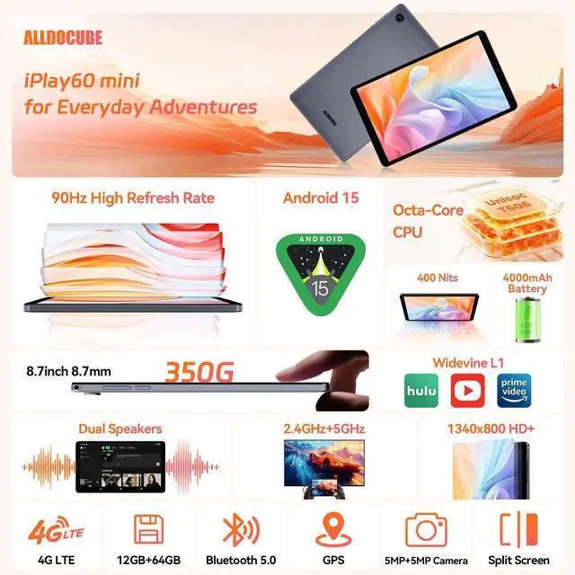 Alt view image 2 of 5 - ALLDOCUBE Android 15 Tablet, 8.7" iPlay 60 Mini Tab, 90Hz Reflex, 400Nits, Octa-Core CPU, Widewine L1, Dual Speakers, 4000mAh, 4G LTE+2.4G/5G WiFi+BT 5.0, GPS, 800×1340HD, 12GB+64GB(512GB TF)