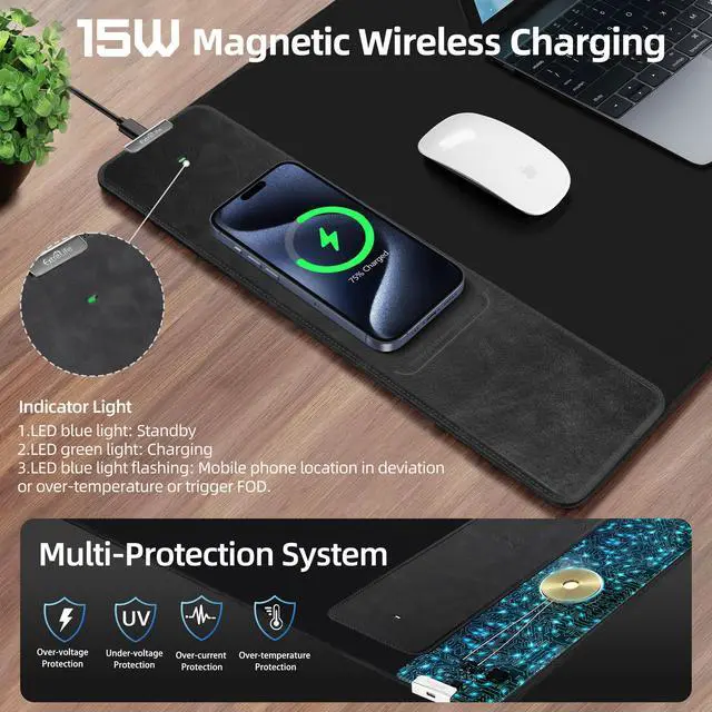 Alt view image 2 of 5 - ExtreLife Wireless Charging Mouse Pad, Gaming Mouse Pad with Ultra-Smooth Surface, 31.5x15.75 Large Desk Mat, Non-Slip Rubber Base, Waterproof Computer Keyboard Pad for Gaming, MacBook, Laptop, Desk