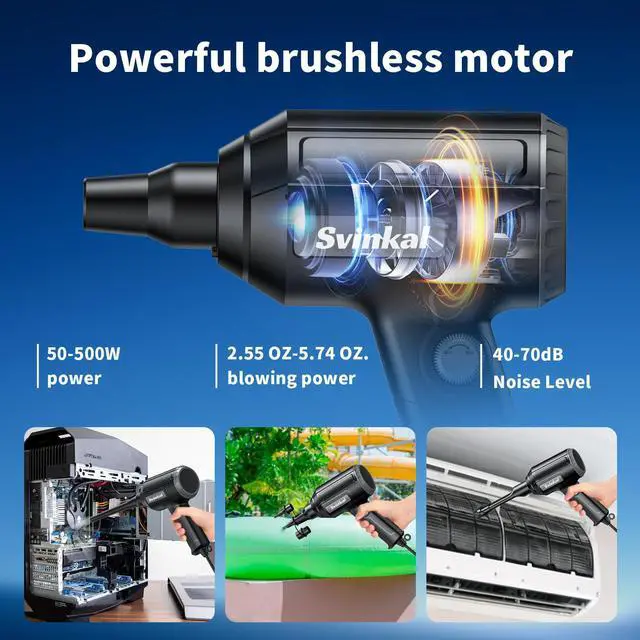 Alt view image 2 of 5 - Svinkal Electric Air Duster, 500W High Power with 40000RPM, Stepless Speed, 6oz Blowing Power, Ideal Canned Air Replacement for Cleaning Keyboards, Electronics, PC, and More