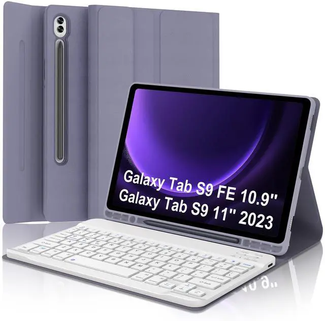 Main image of Galaxy Tab S9 FE 10.9 Inch Keyboard Case for Samsung Tablet S9 11 Inch 5G, Detachable Wireless Keypad for Samsung Galaxy S9FE/S9 2023 with Pen Slot, Rechargeable Battery, Smart Cover Folio Grey Purple
