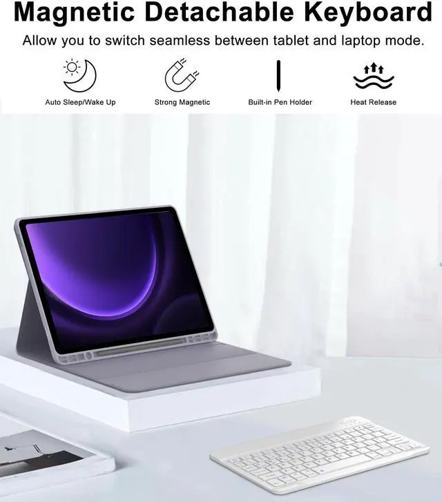 Alt view image 4 of 5 - Galaxy Tab S9 FE 10.9 Inch Keyboard Case for Samsung Tablet S9 11 Inch 5G, Detachable Wireless Keypad for Samsung Galaxy S9FE/S9 2023 with Pen Slot, Rechargeable Battery, Smart Cover Folio Grey Purple