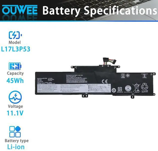 Alt view image 2 of 5 - OUWEE L17L3P53 L17M3P55 Laptop Battery Compatible with Lenovo ThinkPad L380 Yoga L390 Yoga Serie Notebook 01AV482 SB10K97626 01AV481 SB10K97625 L17C3P53 01AV483 SB10K97627 11.1V 45Wh 4050mAh