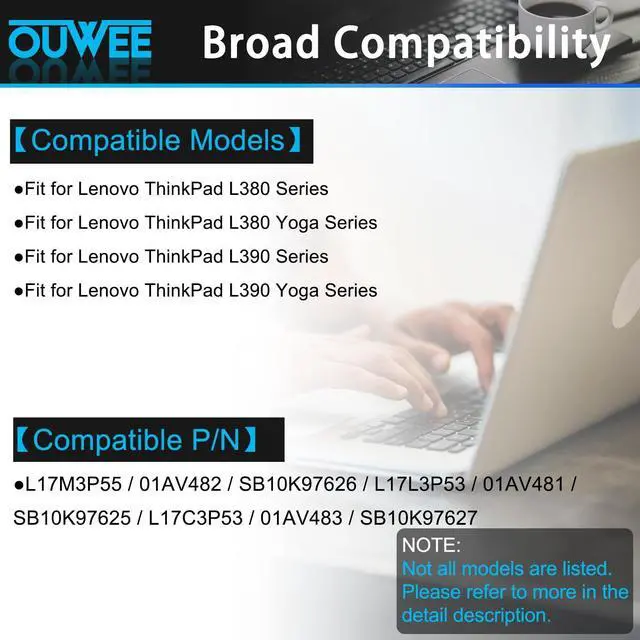 Alt view image 3 of 5 - OUWEE L17L3P53 L17M3P55 Laptop Battery Compatible with Lenovo ThinkPad L380 Yoga L390 Yoga Serie Notebook 01AV482 SB10K97626 01AV481 SB10K97625 L17C3P53 01AV483 SB10K97627 11.1V 45Wh 4050mAh