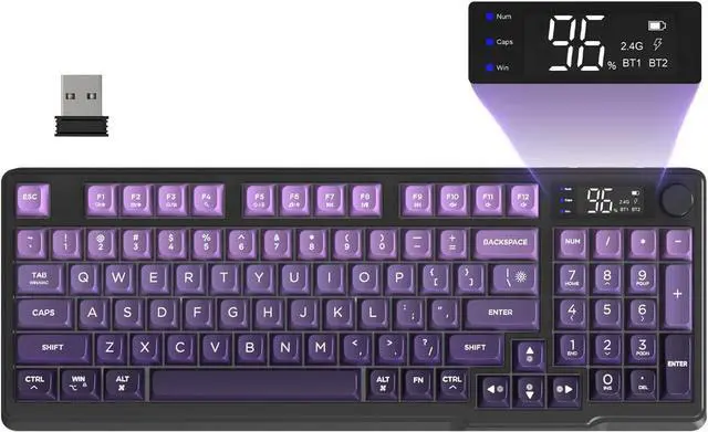 Main image of FREEWOLF M96 Wireless Gaming Keyboard Creamy Membrane with Rainbow Backlight,Media Knob,LCD Screen,Dual Mode-Bluetooth/2.4Ghz,Ball Shape PBT Keycap 94 Key ANSI Layout for Win Mac PC Gamer(Purple)