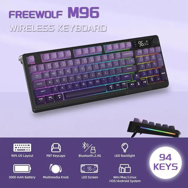 Alt view image 2 of 5 - FREEWOLF M96 Wireless Gaming Keyboard Creamy Membrane with Rainbow Backlight,Media Knob,LCD Screen,Dual Mode-Bluetooth/2.4Ghz,Ball Shape PBT Keycap 94 Key ANSI Layout for Win Mac PC Gamer(Purple)