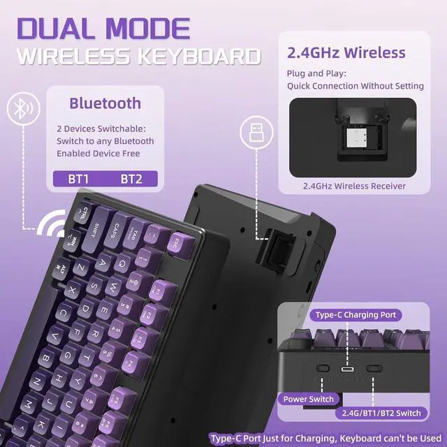 Alt view image 3 of 5 - FREEWOLF M96 Wireless Gaming Keyboard Creamy Membrane with Rainbow Backlight,Media Knob,LCD Screen,Dual Mode-Bluetooth/2.4Ghz,Ball Shape PBT Keycap 94 Key ANSI Layout for Win Mac PC Gamer(Purple)